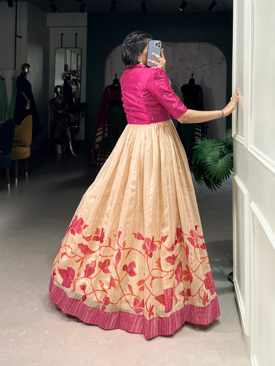 Beige silk printed gown with embroidered koti for wedding functions