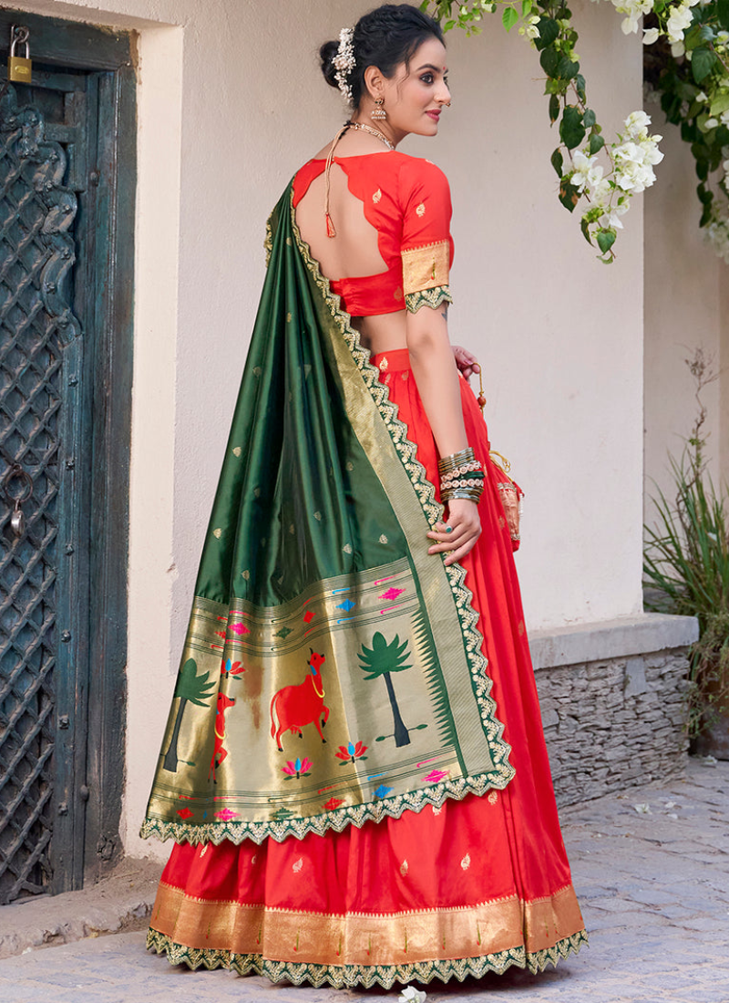 Red jacquard silk Paithani lehenga choli with dupatta and batwa