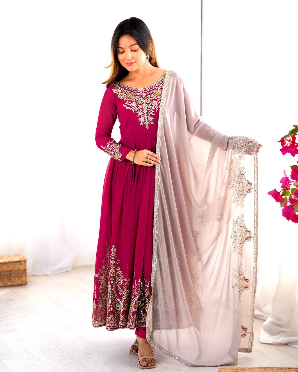 Pink georgette embroidered Tejvini designer gown