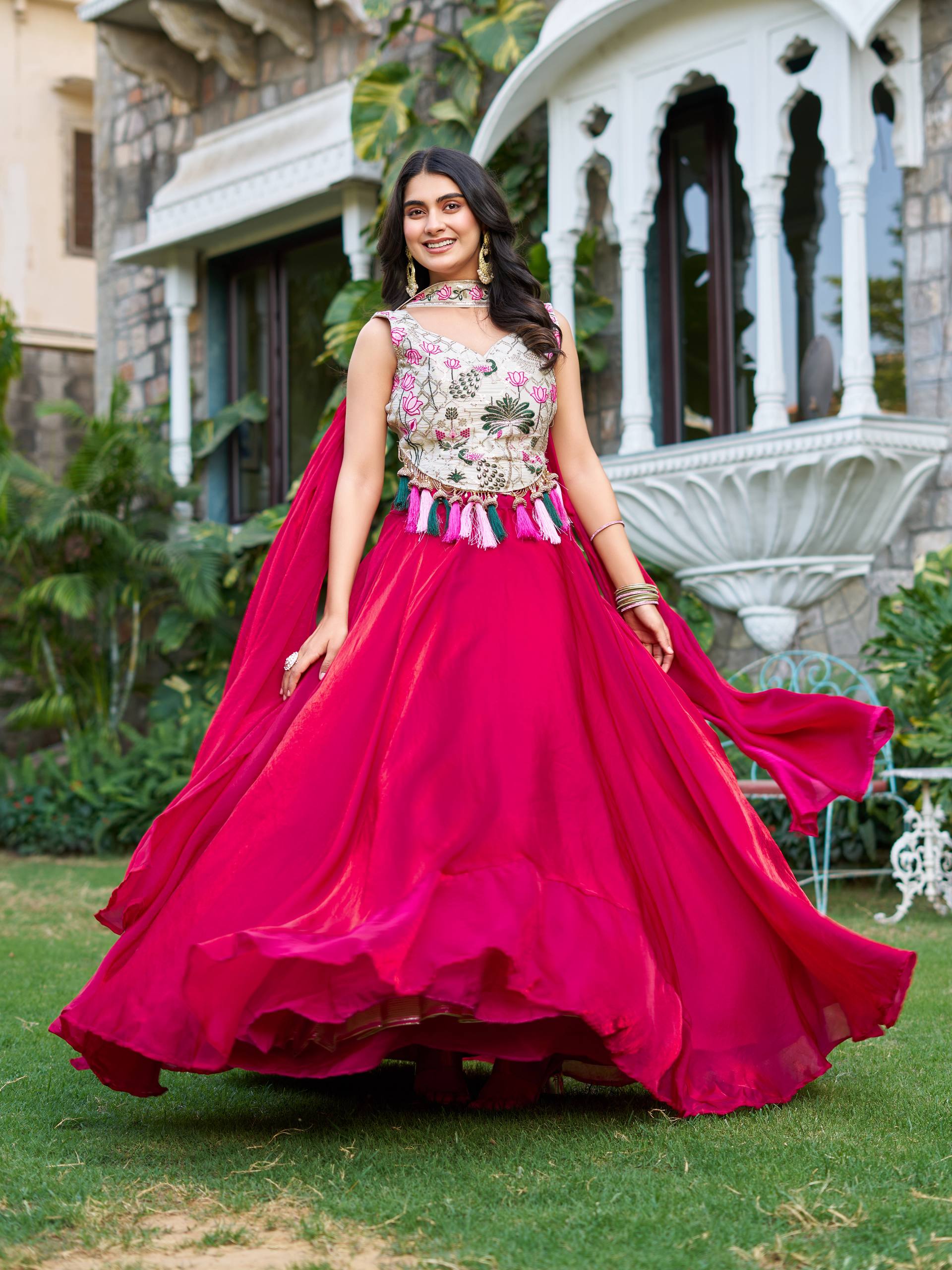 Tanu pink tissue silk lehenga choli with sequins thread work and dupatta