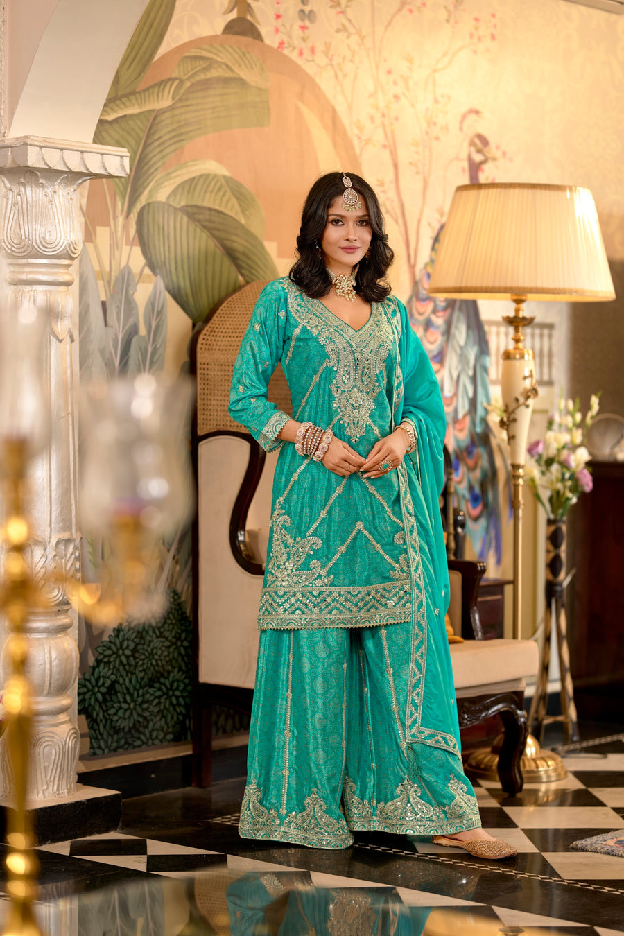 Meera chinon silk embroidered designer kurti sharara set