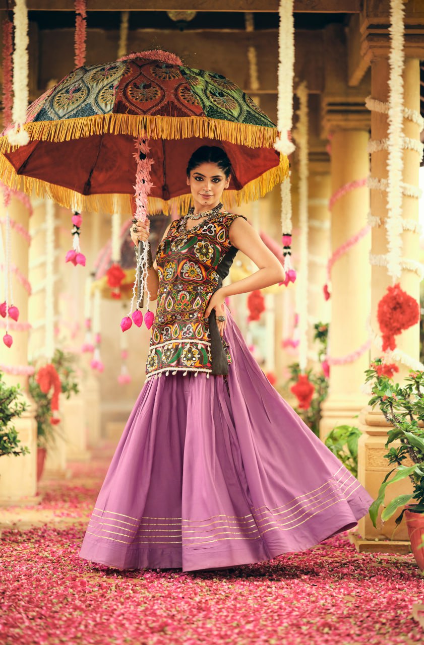 Purple pure rayon ribbon work embroidered lehenga choli