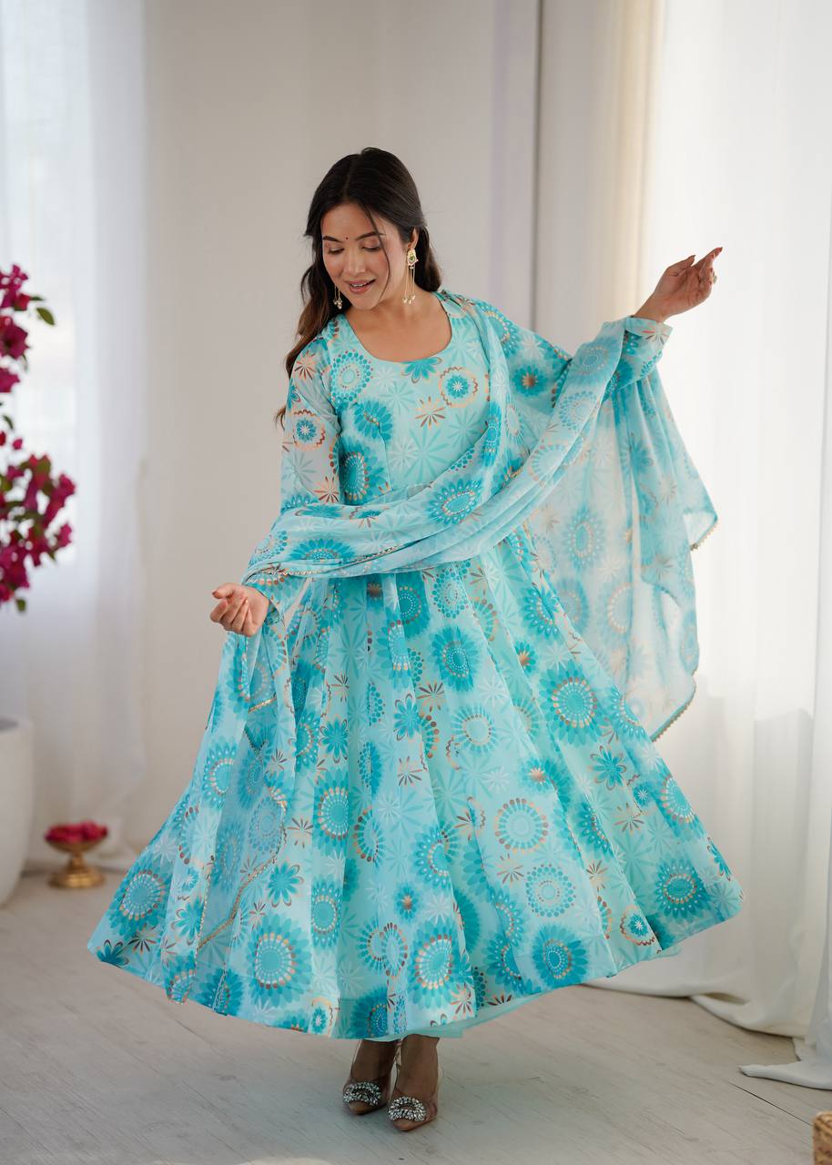 Sky blue georgette floral printed Anarkali suit for women