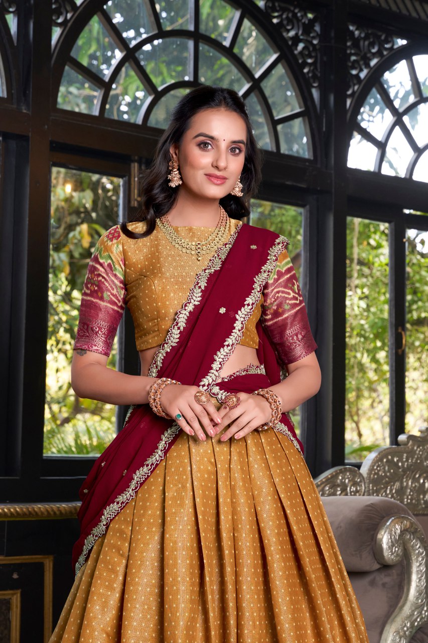 Yellow Kanchipuram silk printed lehenga choli with embroidered dupatta