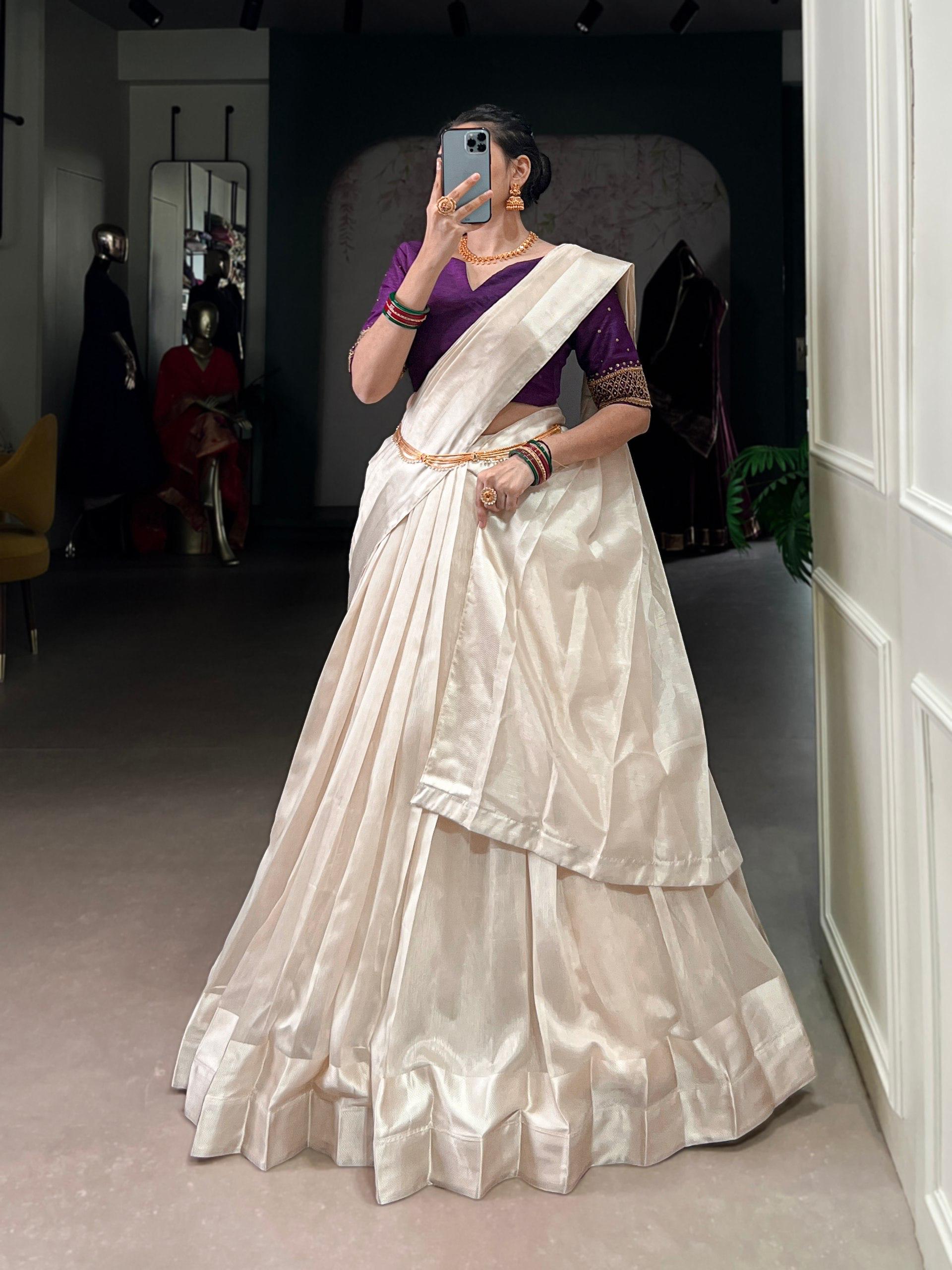 Off white poly Tasar viscose border and bead work traditional lehenga choli