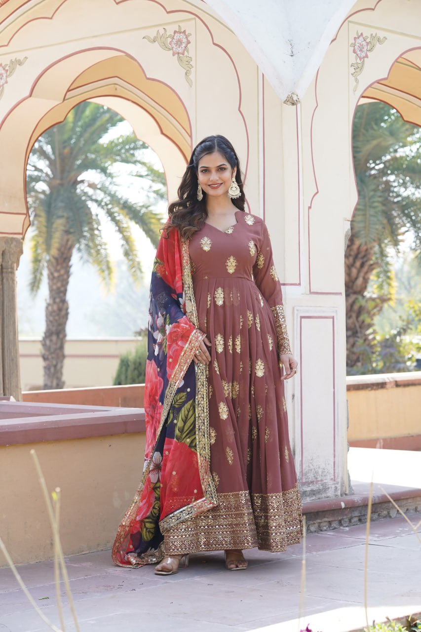 Padmini georgette brown embroidery anarkali gown set