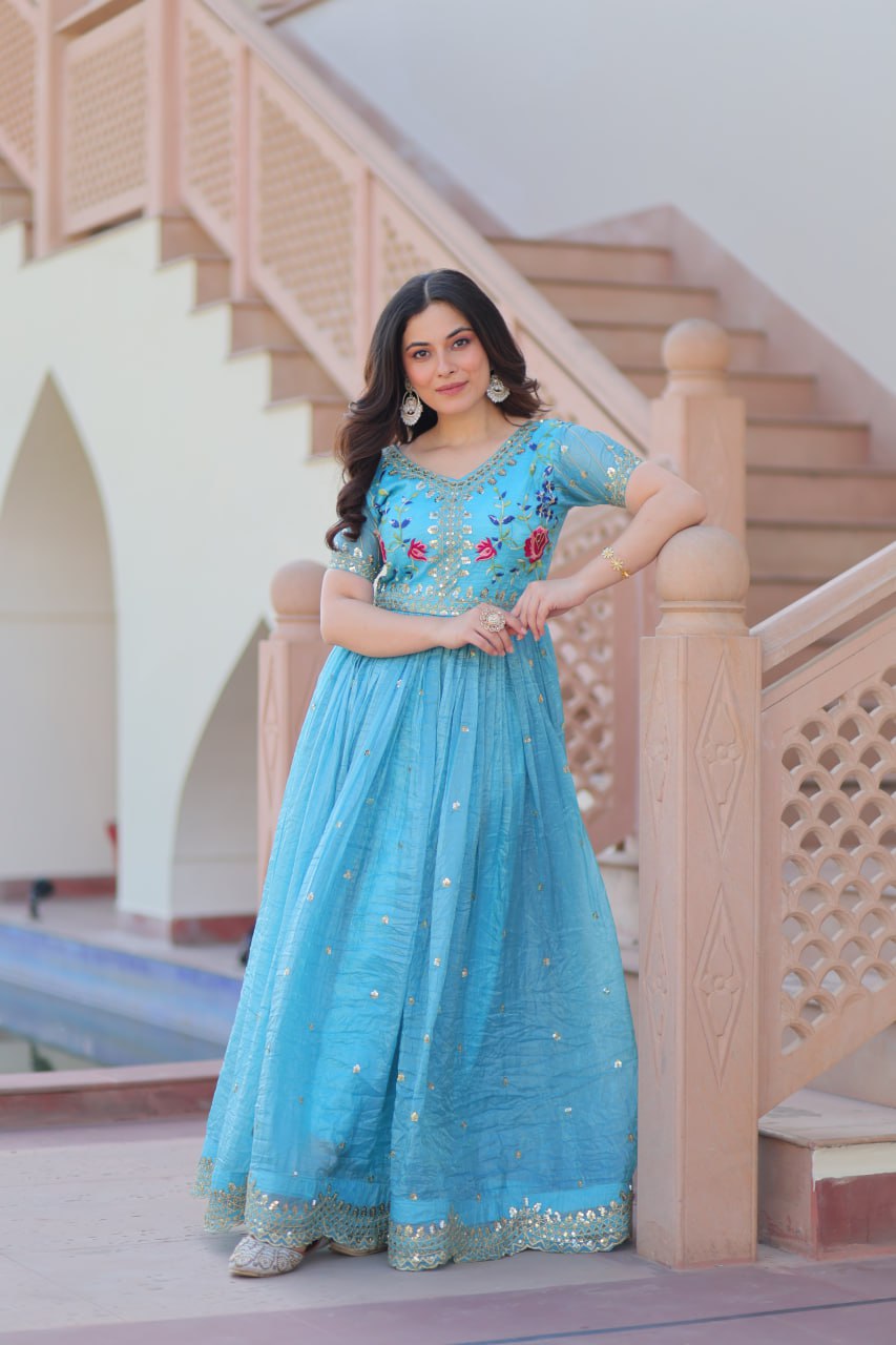 Sky blue gold crush zari sequins work embroidered gown