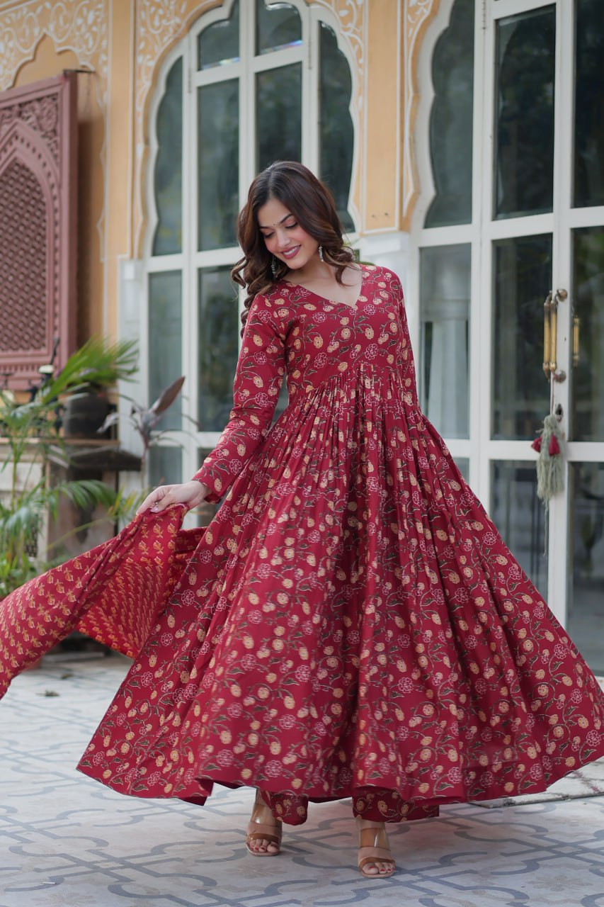 Himalini Red Pure Cotton Anarkali Suit Set