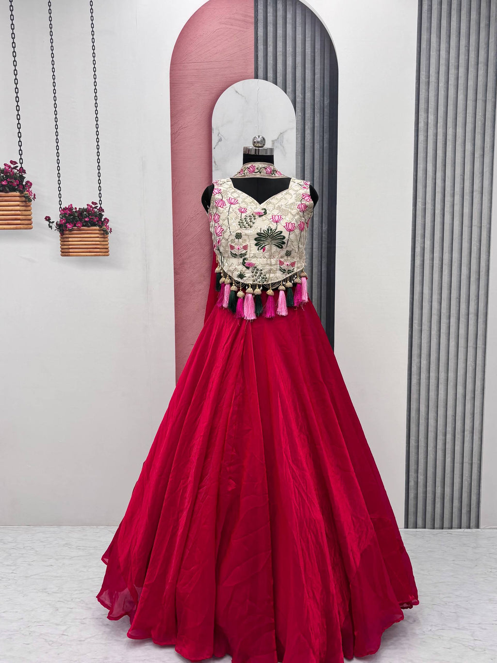Tanu pink tissue silk lehenga choli with sequins thread work and dupatta