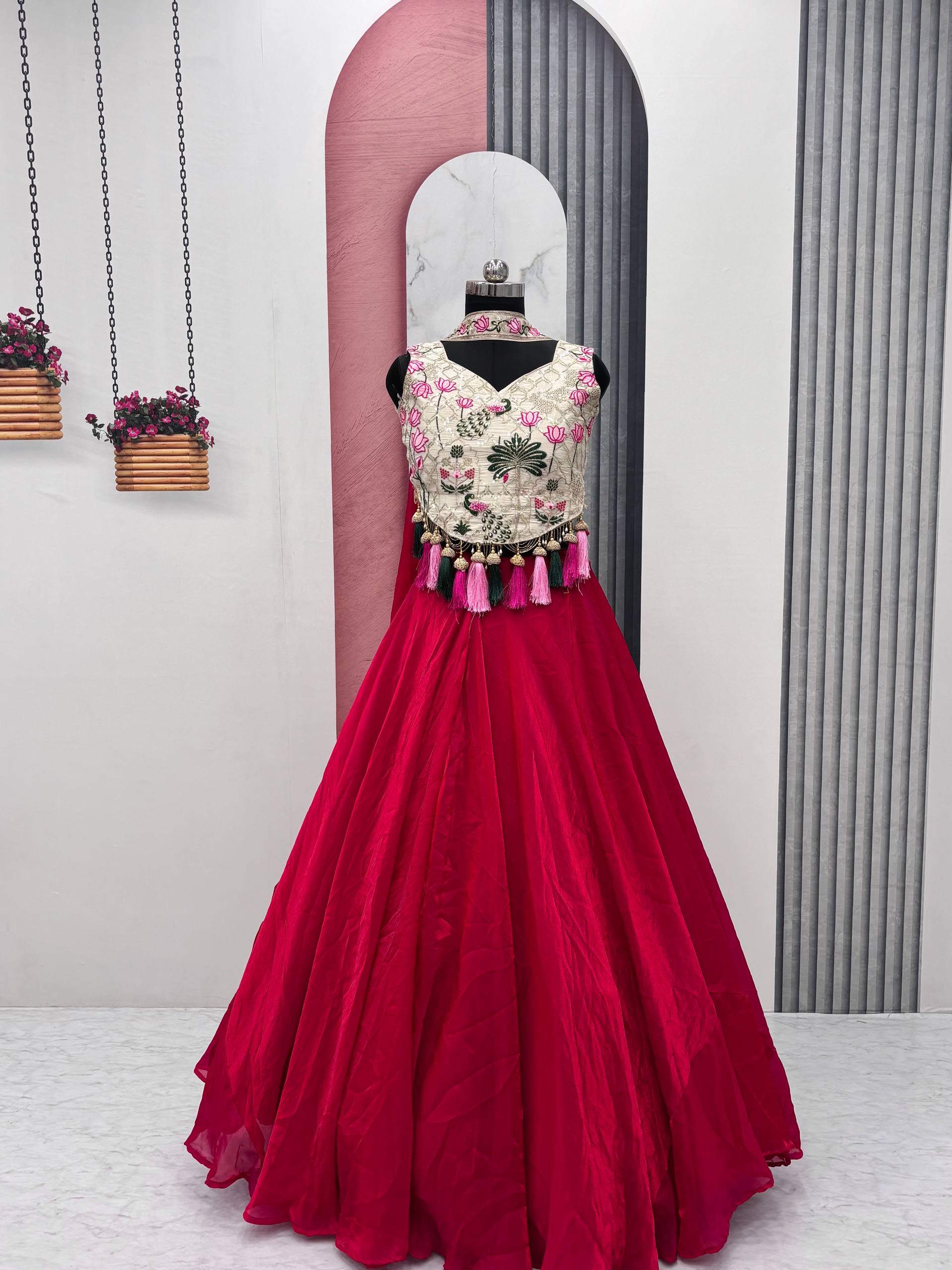 Tanu pink tissue silk lehenga choli with sequins thread work and dupatta