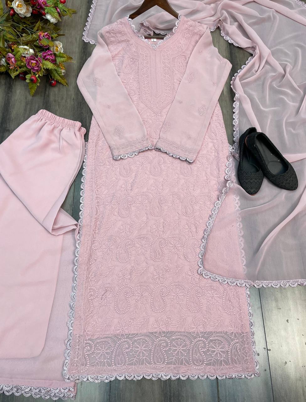 Ramani Peach Georgette Chikankari Embroidery Kurti Set