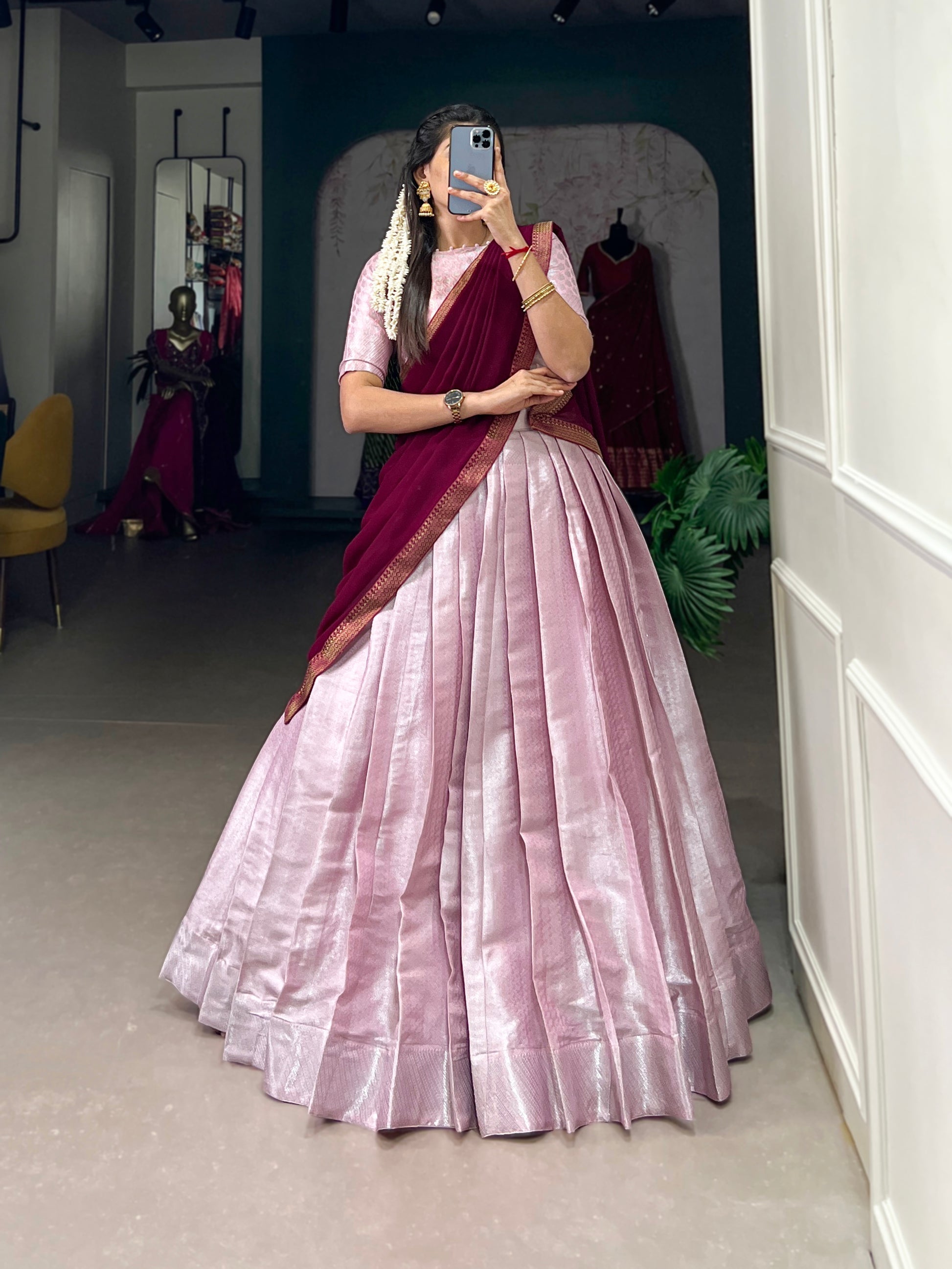Pink jacquard silk weaving work lehenga choli with dupatta and lace border