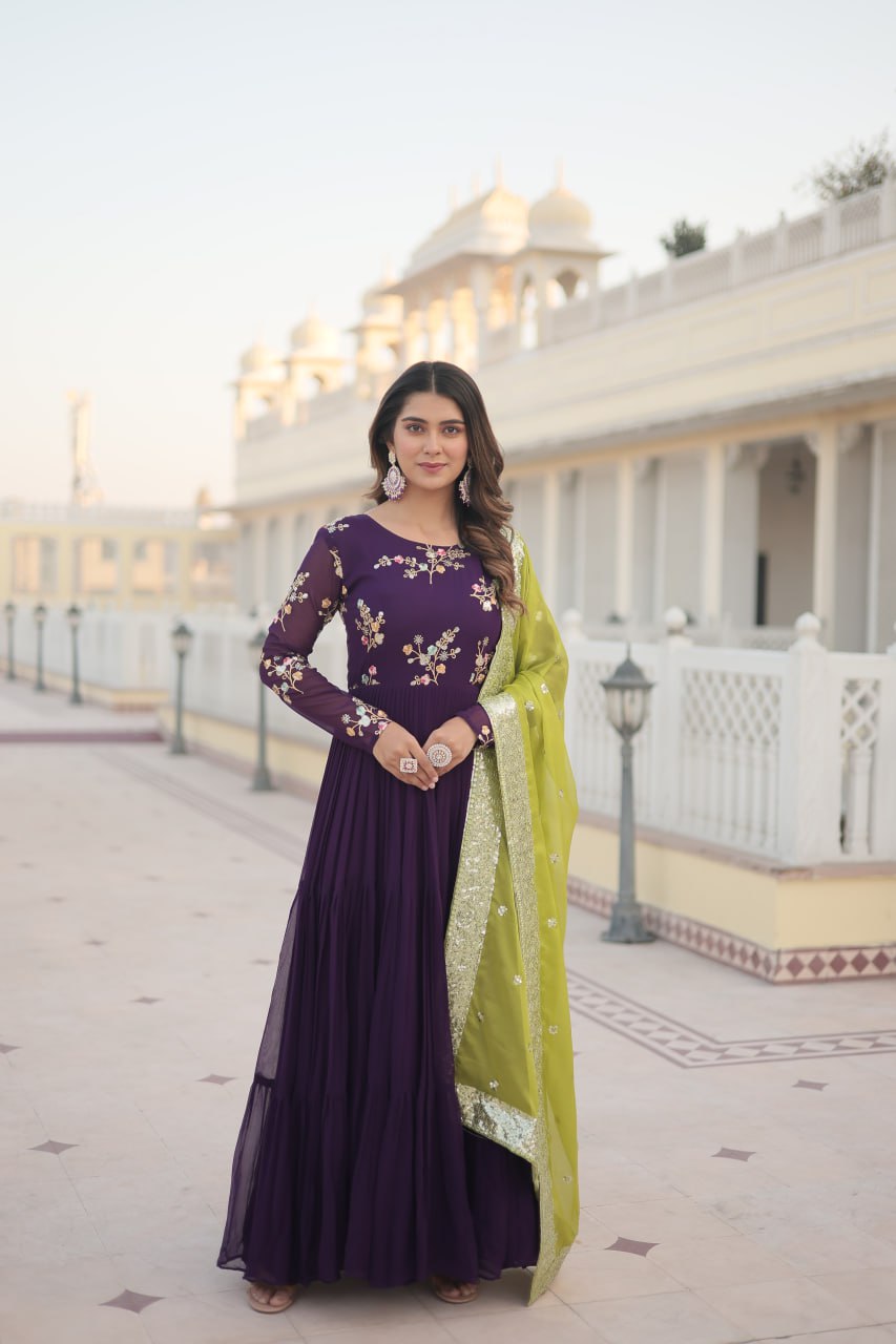 Satyabhama purple georgette anarkali gown set