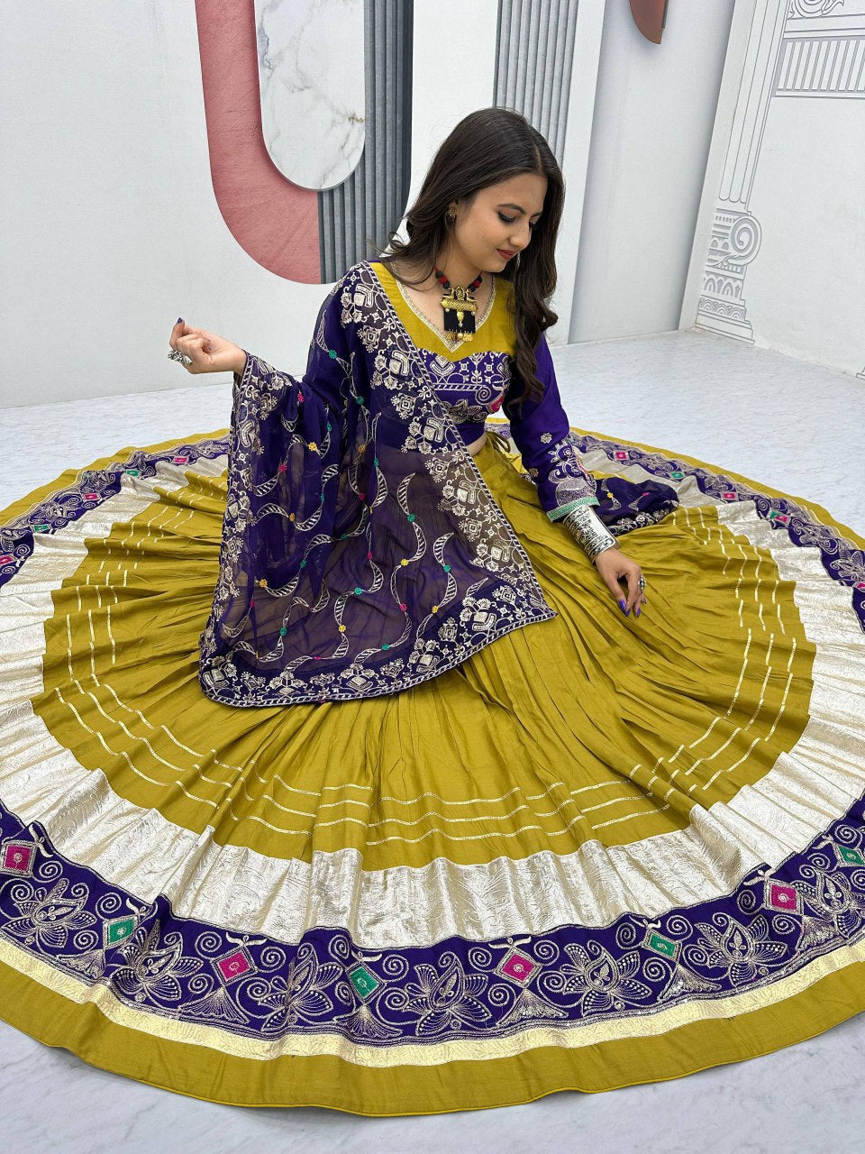 Mustard yellow pure cotton embroidered sequins work lehenga choli
