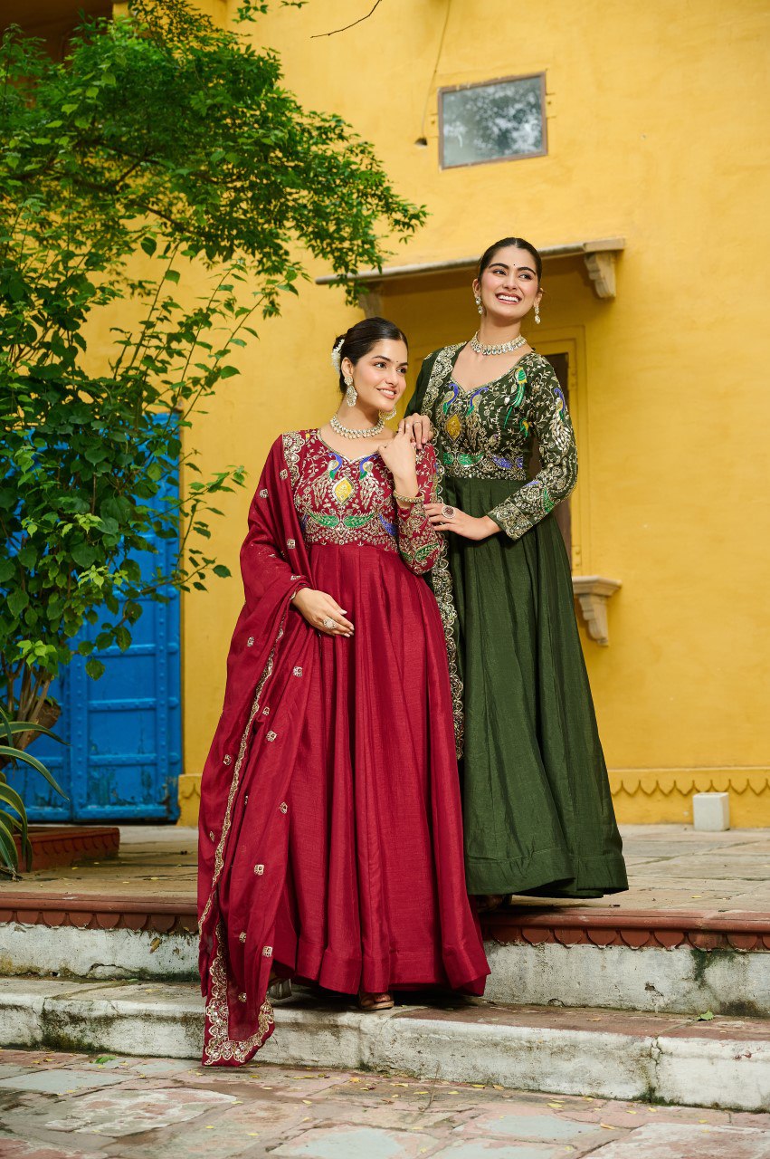 Maroon silk gown with multi thread zari embroidery and dupatta