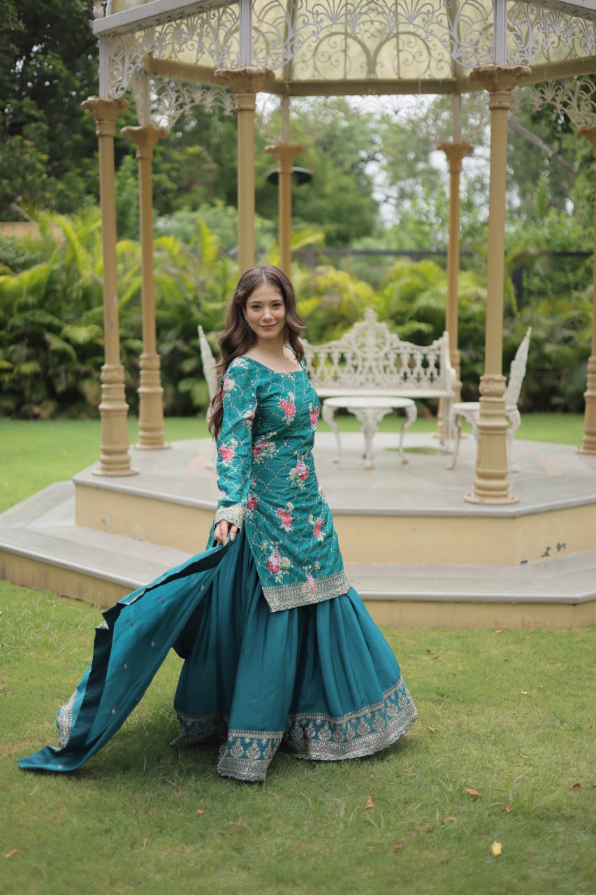 Teal chinon embroidered Medhasvi designer sharara suit