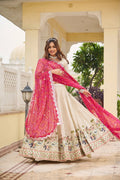 Off-white silk sequins thread embroidery lehenga choli with pink Bandhej dupatta