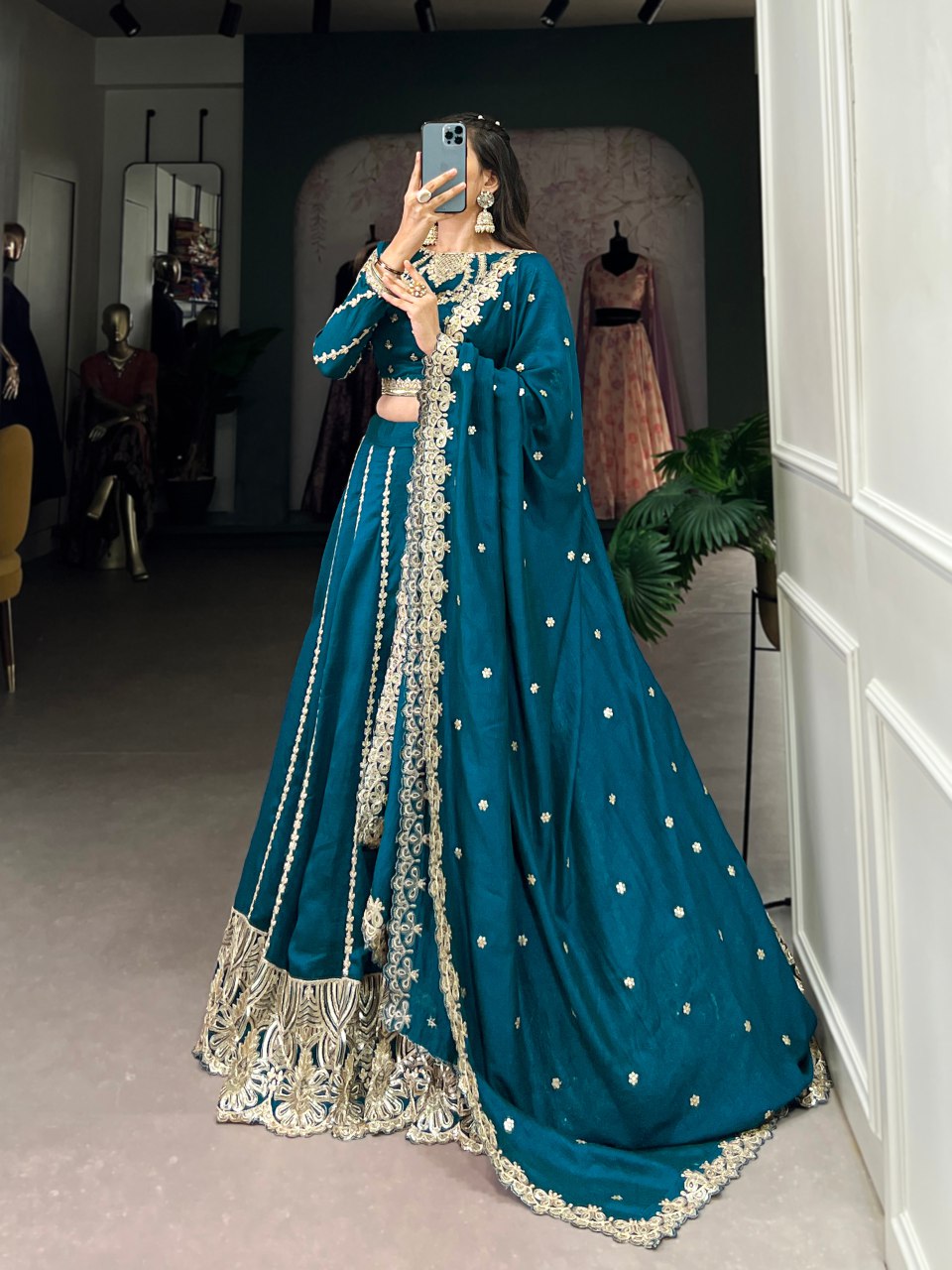 Sravya teal vichitra silk sequins embroidered lehenga set