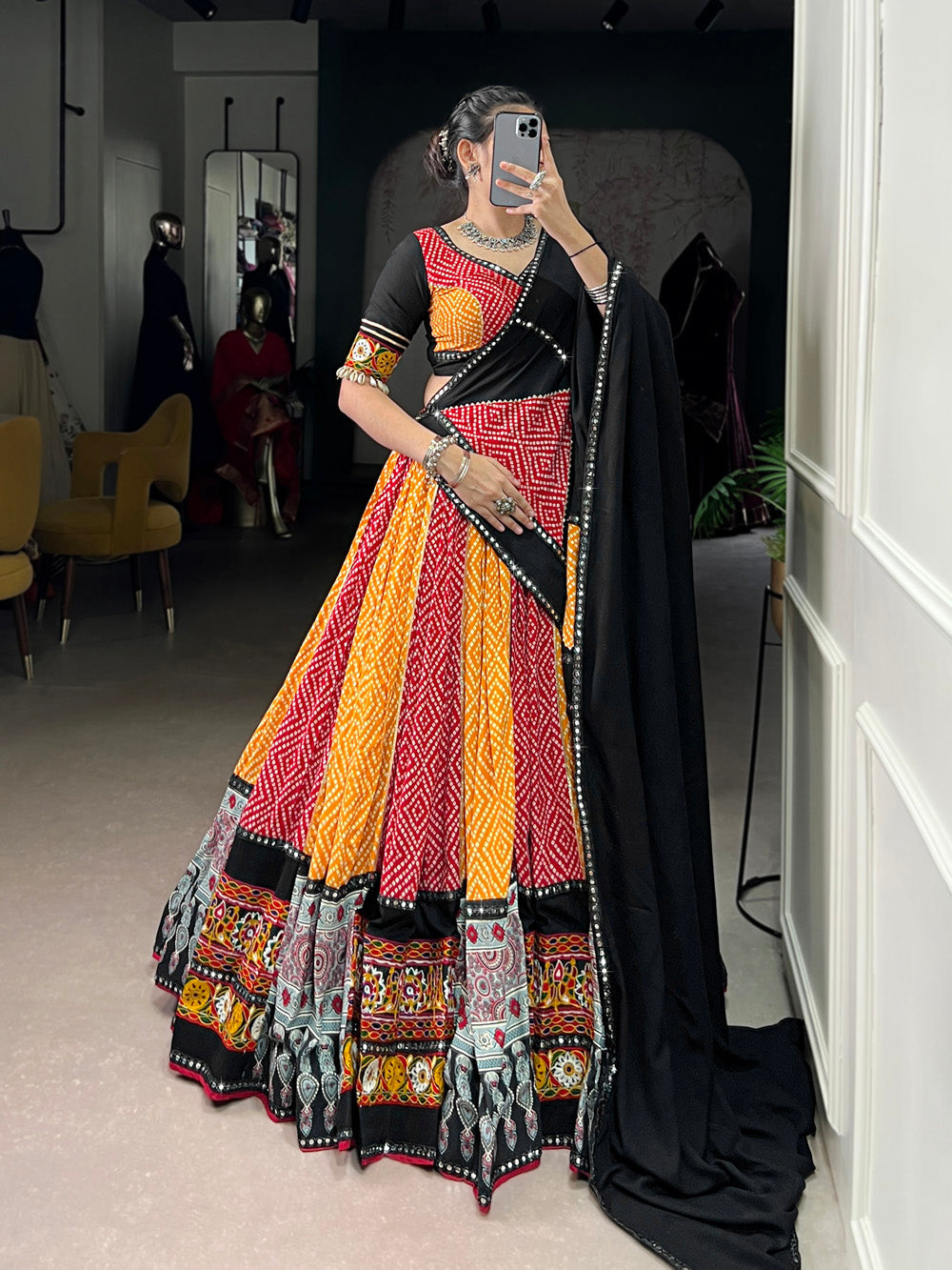 Black yellow pure rayon Bandhej Ajrakh Gamthi mirror work lehenga choli