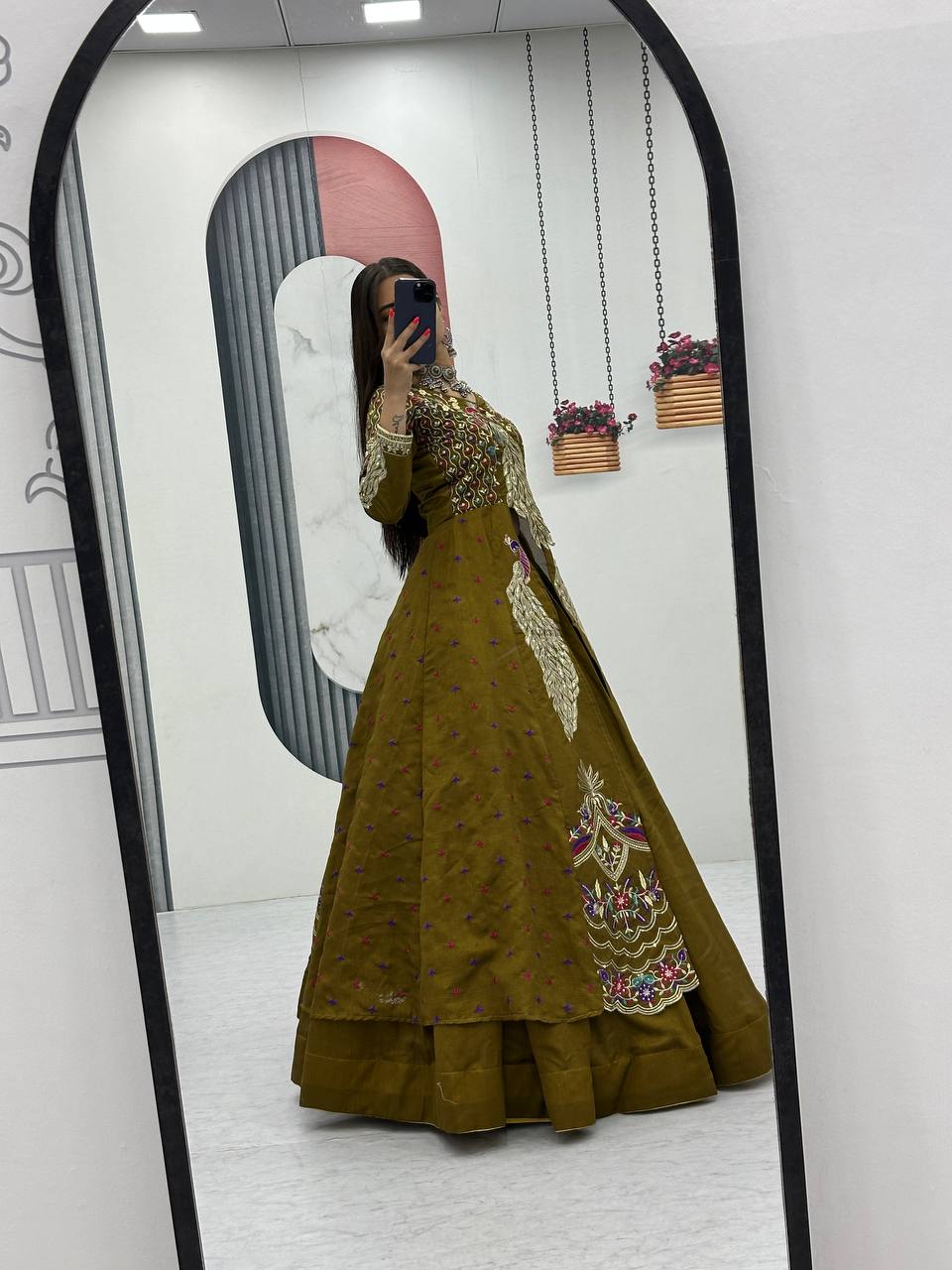 Mani olive green Vichitra silk crop top peacock design lehenga with embroidered shrug