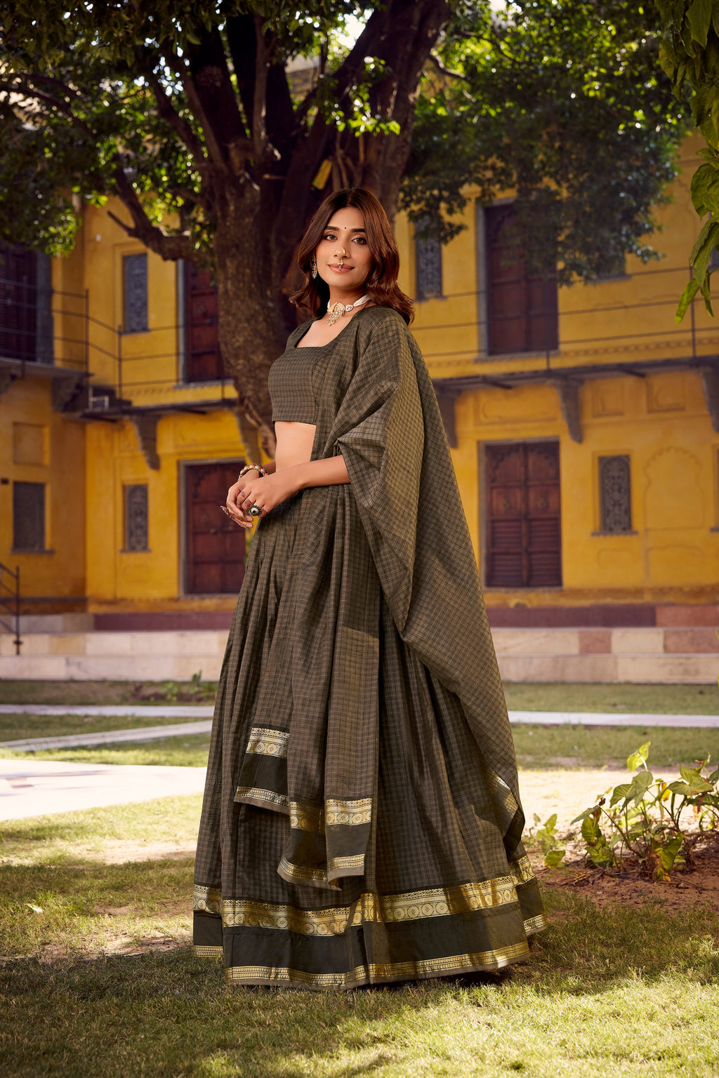 Rimi grey Chettinad cotton chex half saree lehenga with zari weaving work