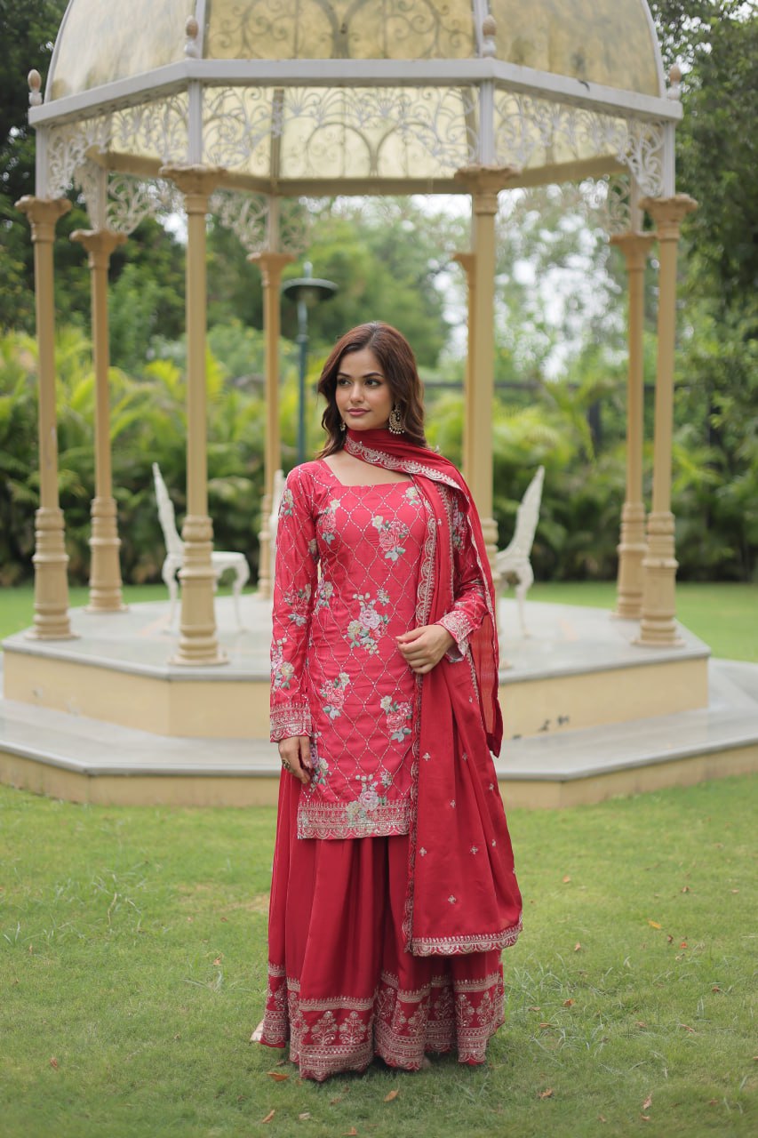 Medhasvi pink chinon embroidered kurti sharara set