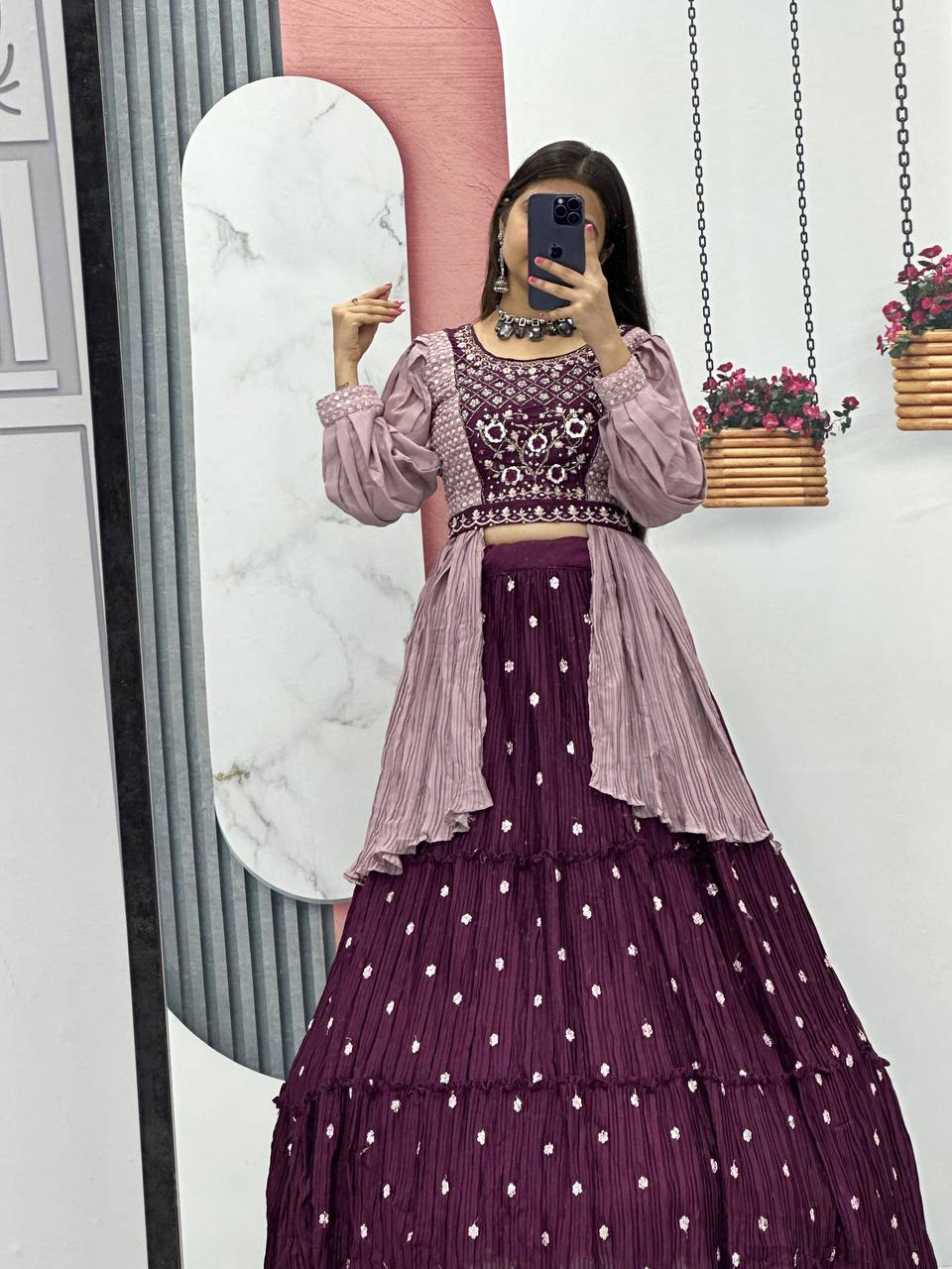 Malti wine color chinon embroidered crop top lehenga with nazmin dupatta and belt