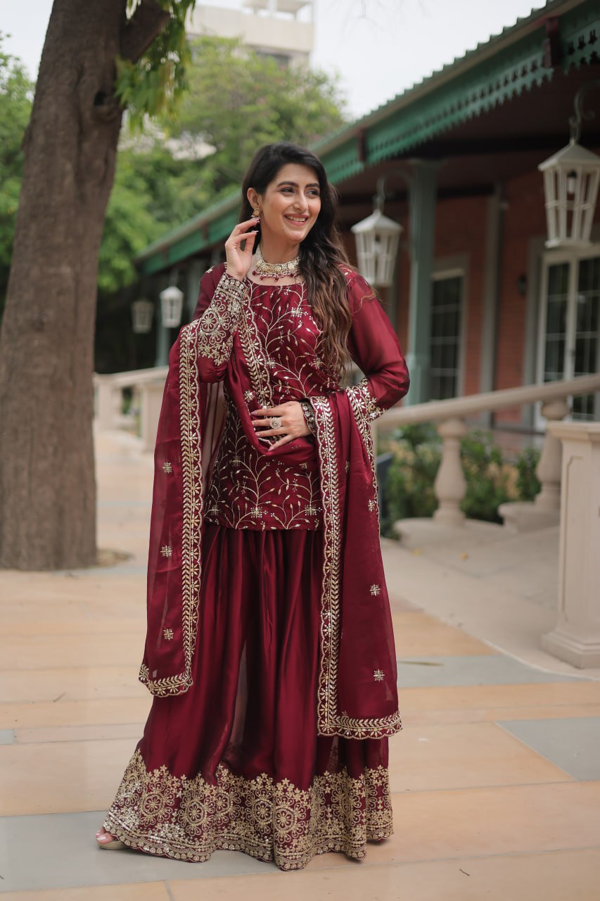 Maroon Rangoli silk embroidered Hitanshi designer kurti palazzo suit