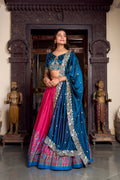 Blue tussar silk foil print lehenga choli with embroidered dupatta