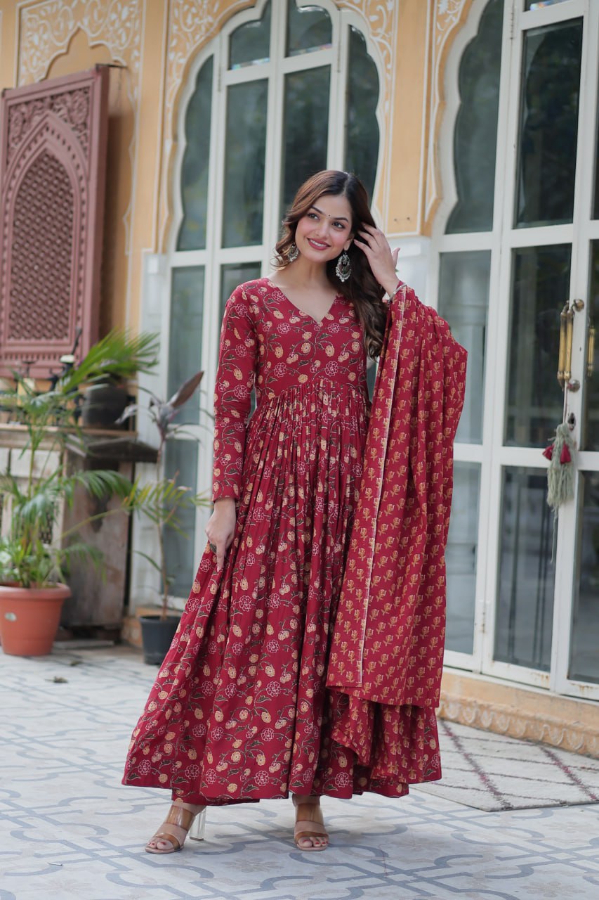 Himalini Red Pure Cotton Anarkali Suit Set