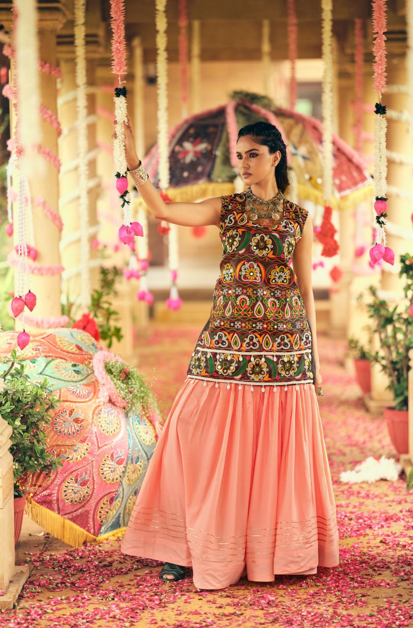 Peach pure rayon ribbon work embroidered lehenga choli