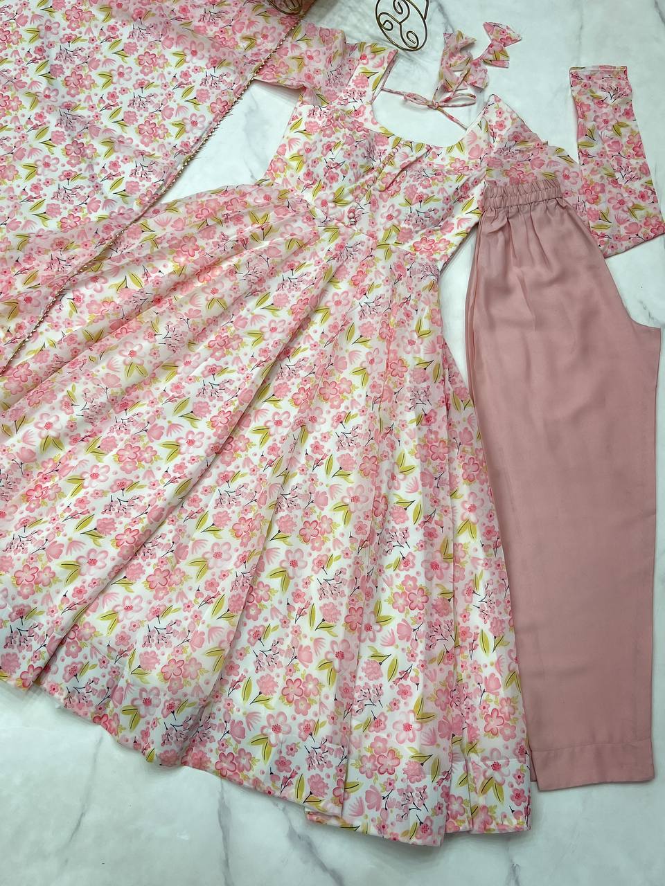 Pink orange chiffon floral Anarkali suit for wedding functions