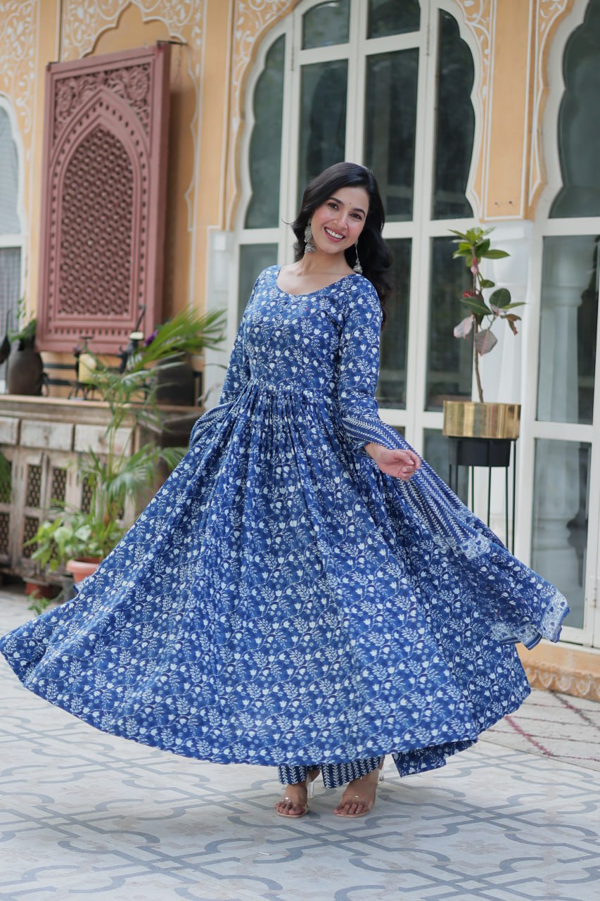 Mahi blue pure cotton anarkali set with dupatta