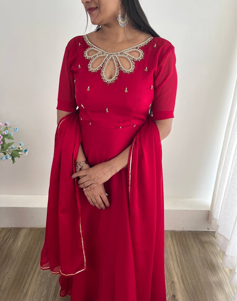 Samiksha red georgette embroidered Anarkali gown set