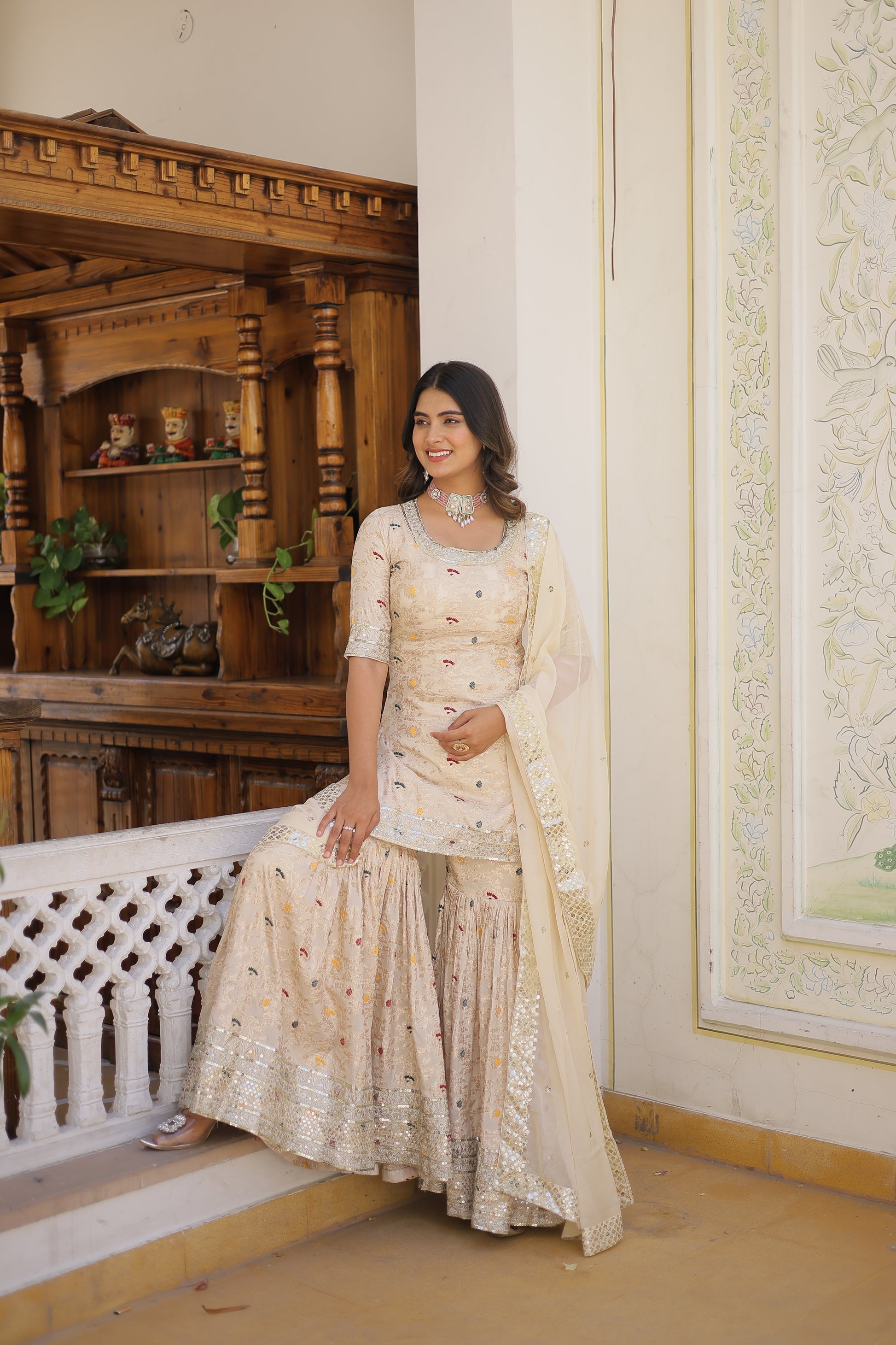 Krishnapriya off white viscose embroidered kurti gharara set