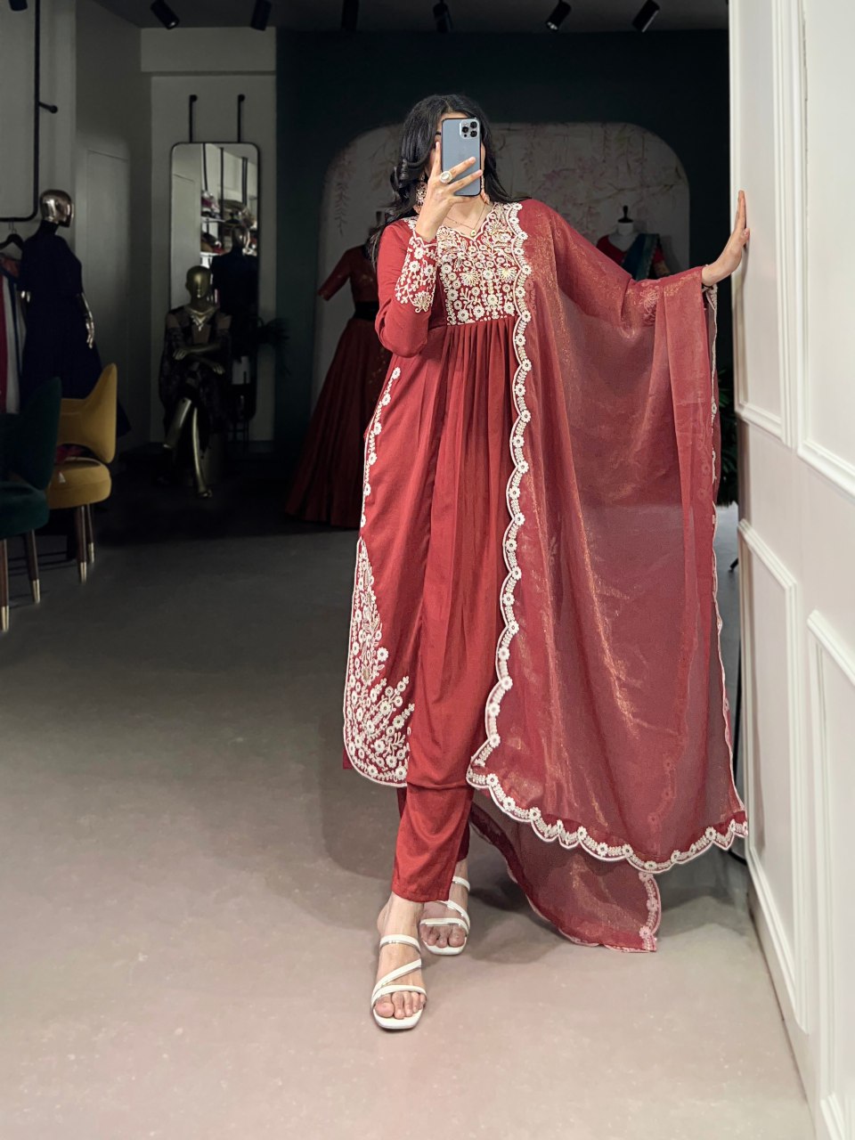 Rust orange Maska cotton embroidered kurta set with dupatta