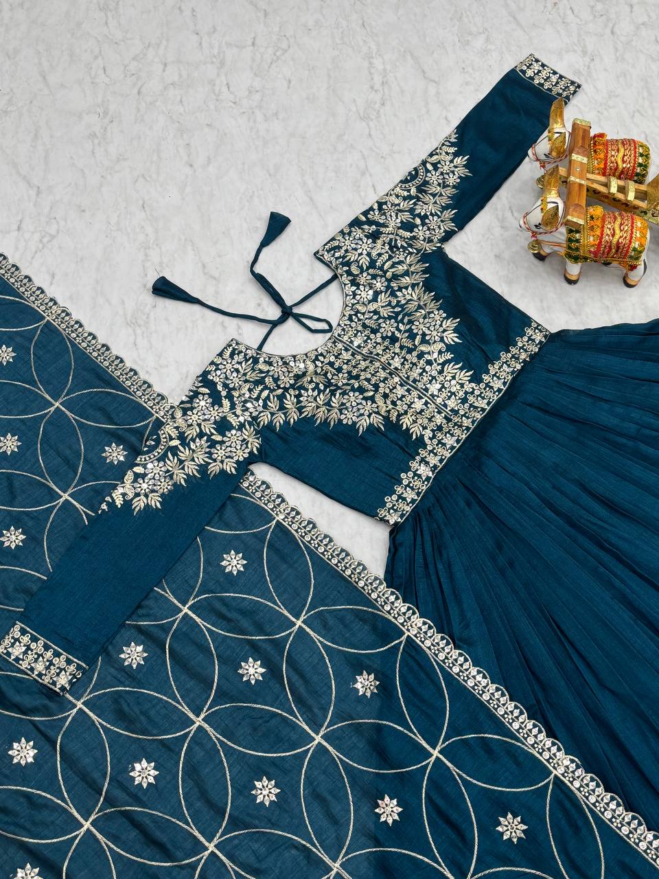 Piya teal blue Vichitra silk gown with sequins embroidery and dupatta