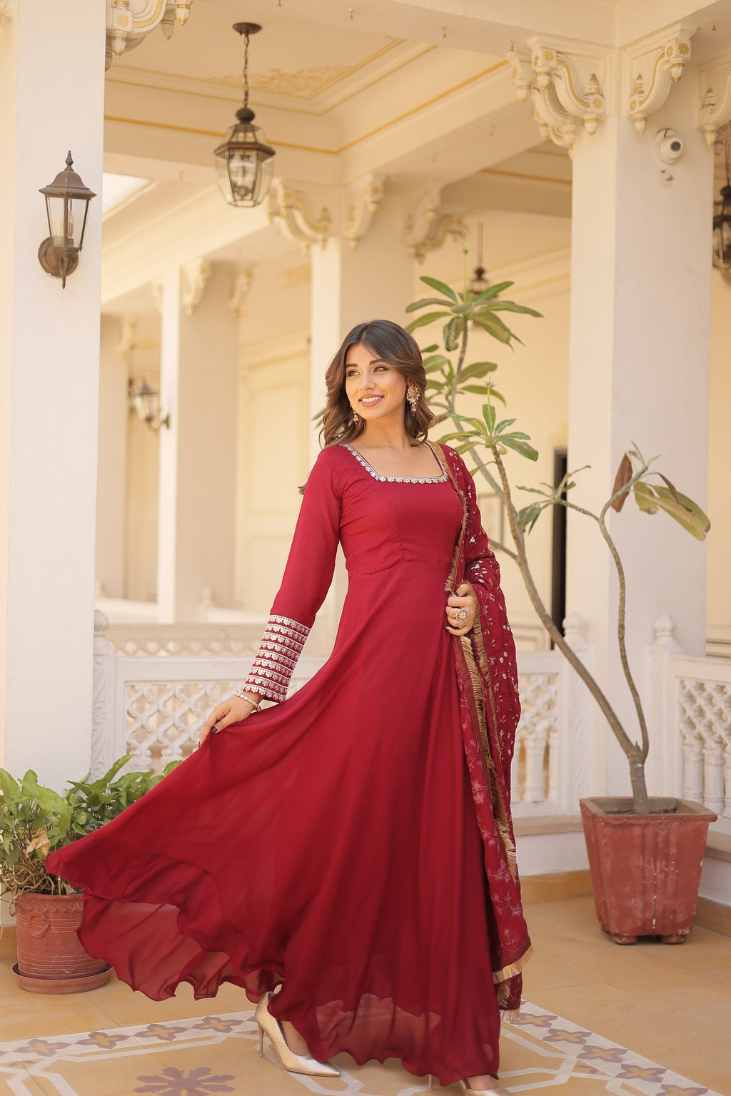 Aparajita maroon Vichitra silk Anarkali gown set