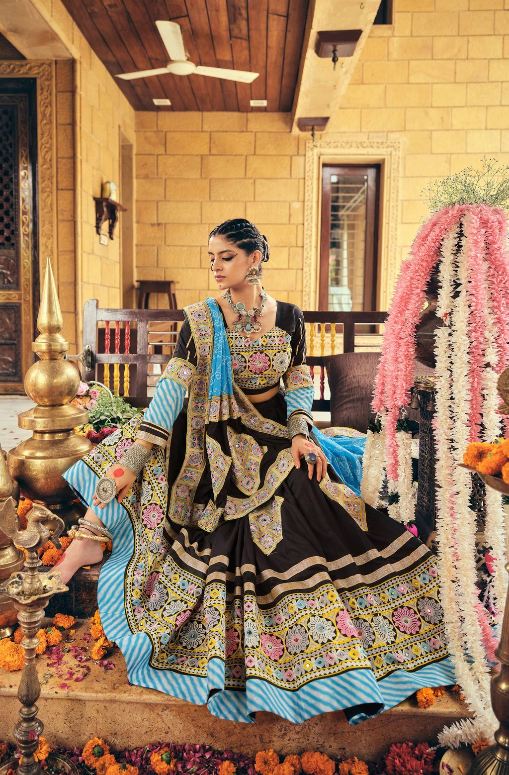 Black pure rayon embroidery mirror work lehenga choli