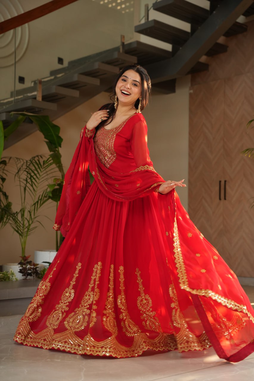 Red party wear gown with dupatta, Indian wedding dress, embroidered gown for women, full sleeve gown design—Trinaari stitched ethnic outfit.