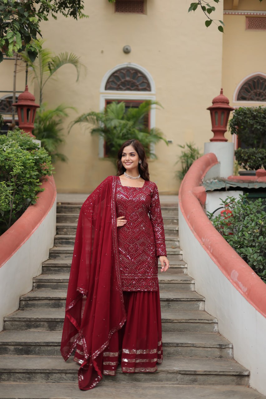Maroon georgette embroidered Lavya designer sharara suit