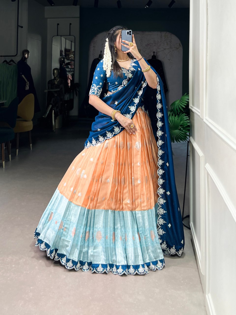 Orange zari Kota lehenga with zari weaving embroidered Vichitra silk dupatta