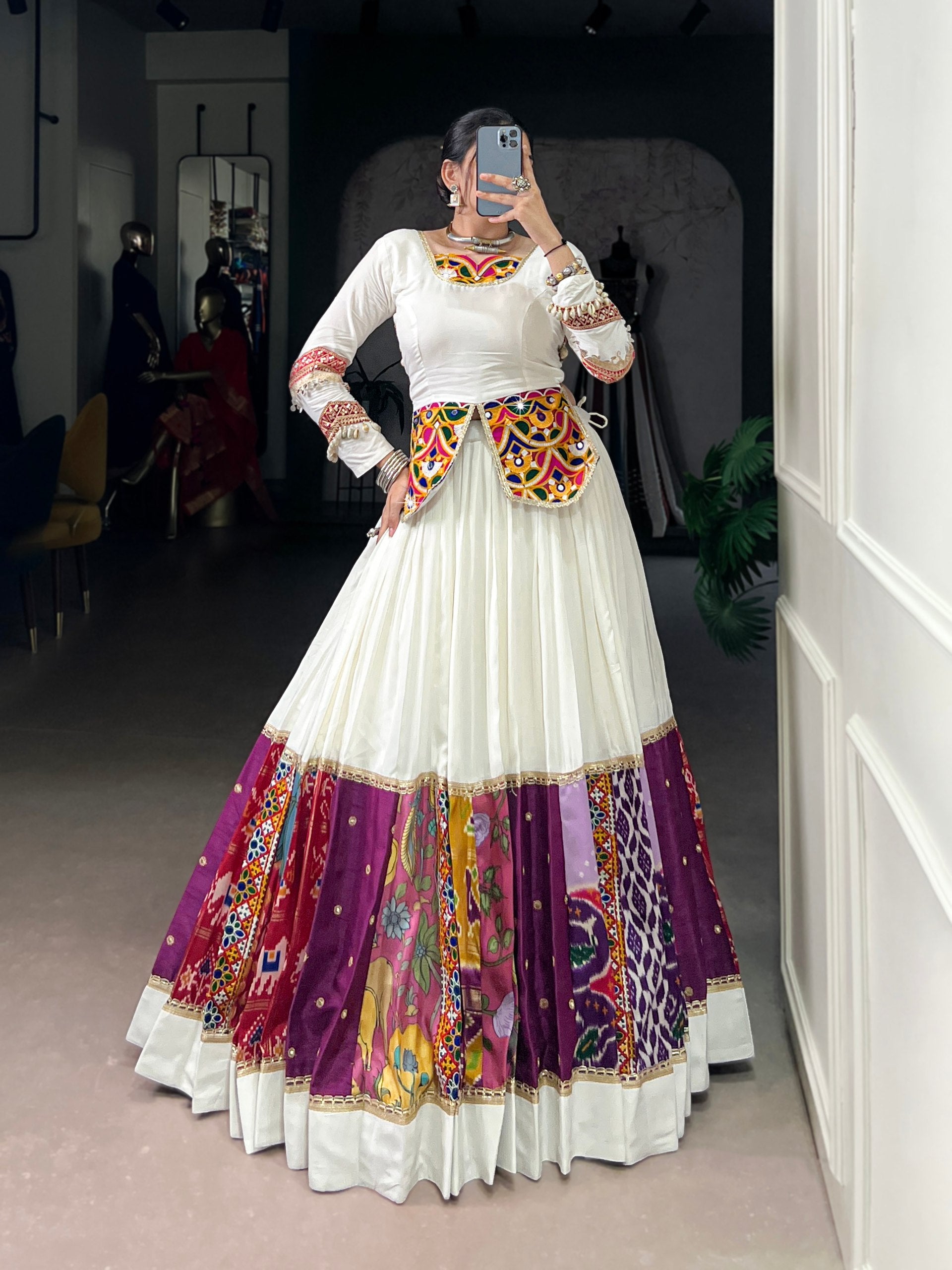 White multicolor pure rayon mirror Gamthi work patch design lehenga choli