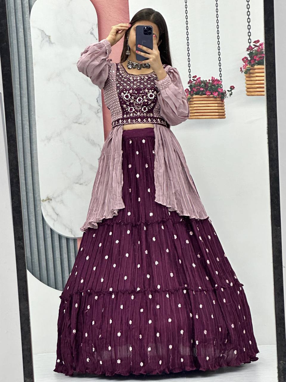Malti wine color chinon embroidered crop top lehenga with nazmin dupatta and belt