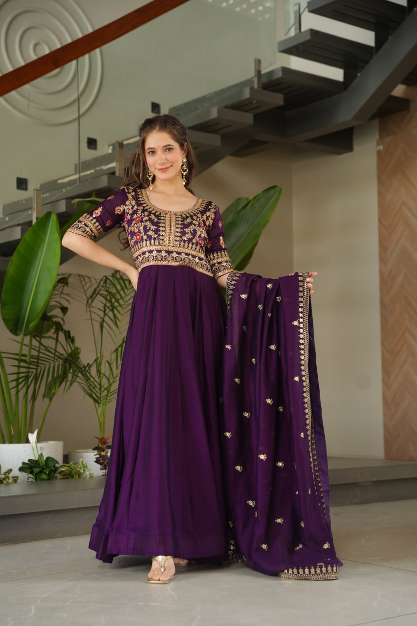 Aadishri purple silk sequins embroidered gown