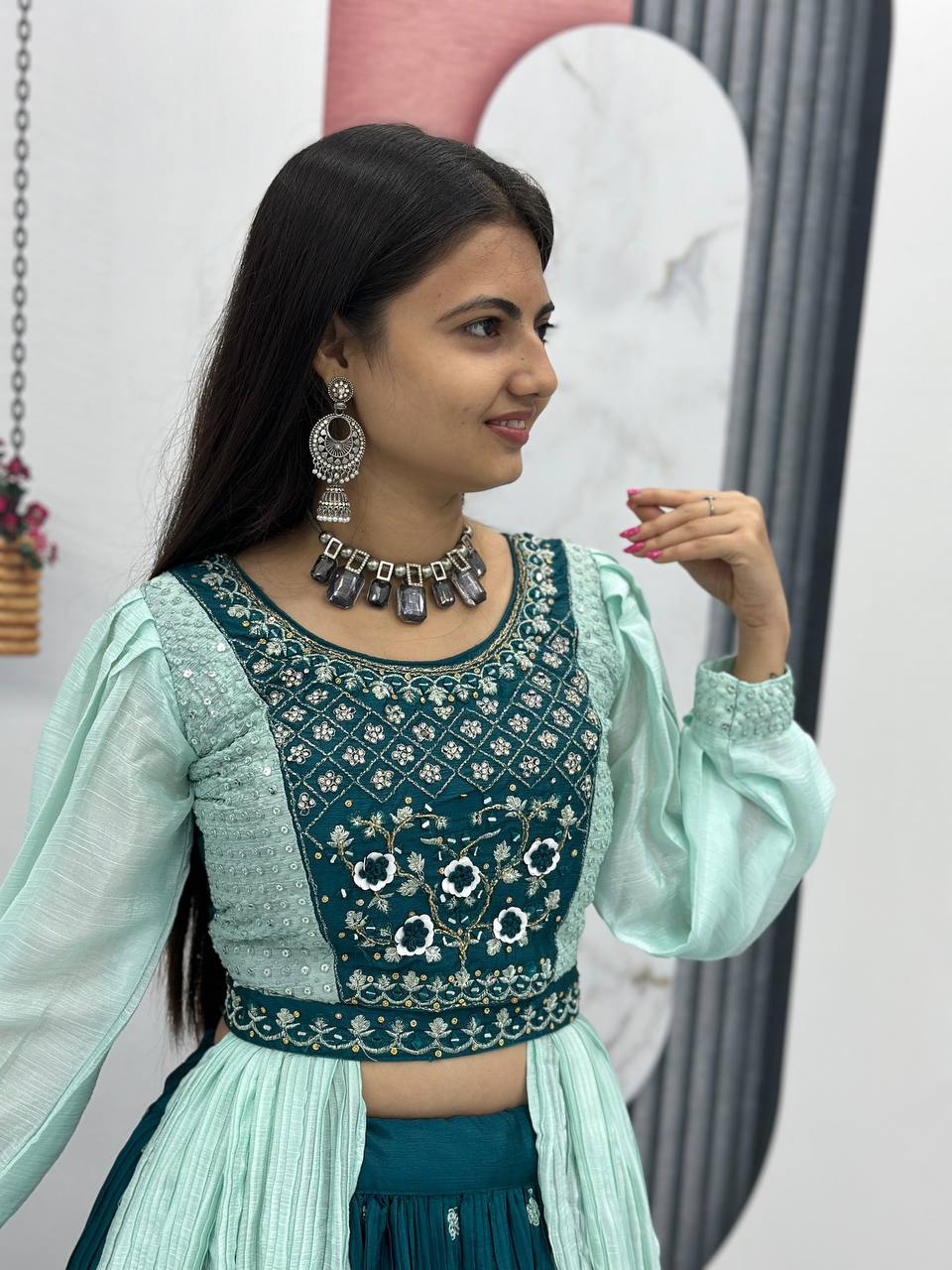Malti teal green chinon embroidered crop top lehenga with nazmin dupatta and belt
