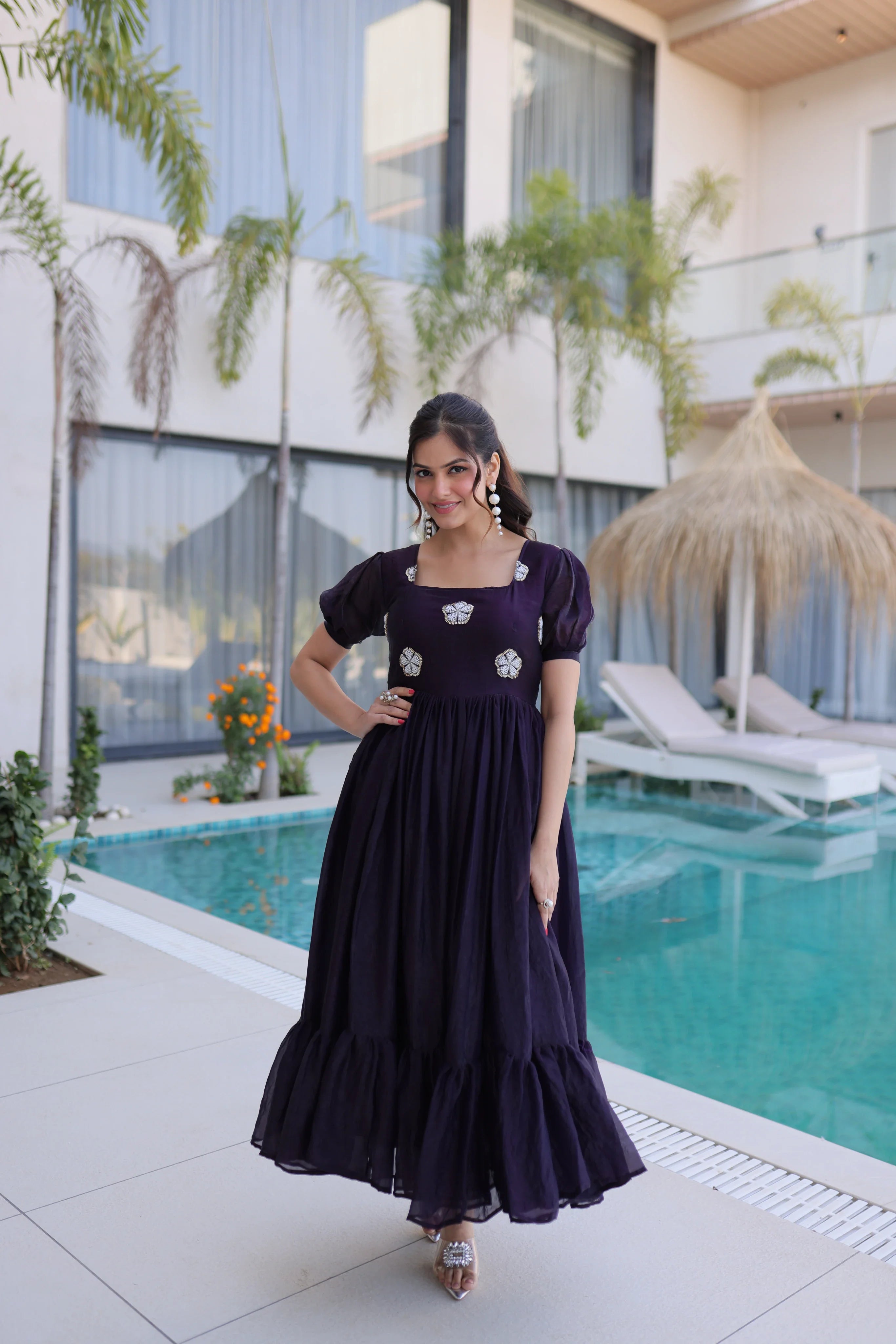 Sruvika purple Fendi silk gown with beads embroidered work