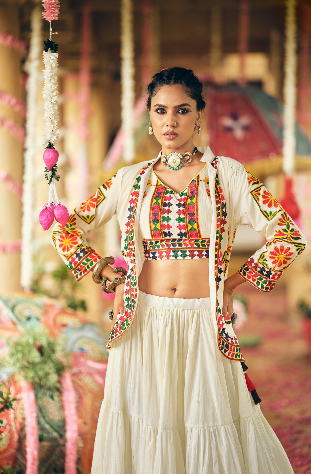 Off-white pure cotton embroidery work lehenga choli with koti