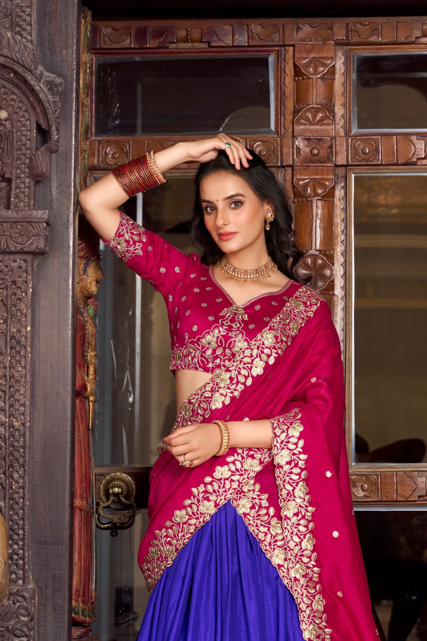 Pink tussar silk foil print lehenga choli with embroidered dupatta
