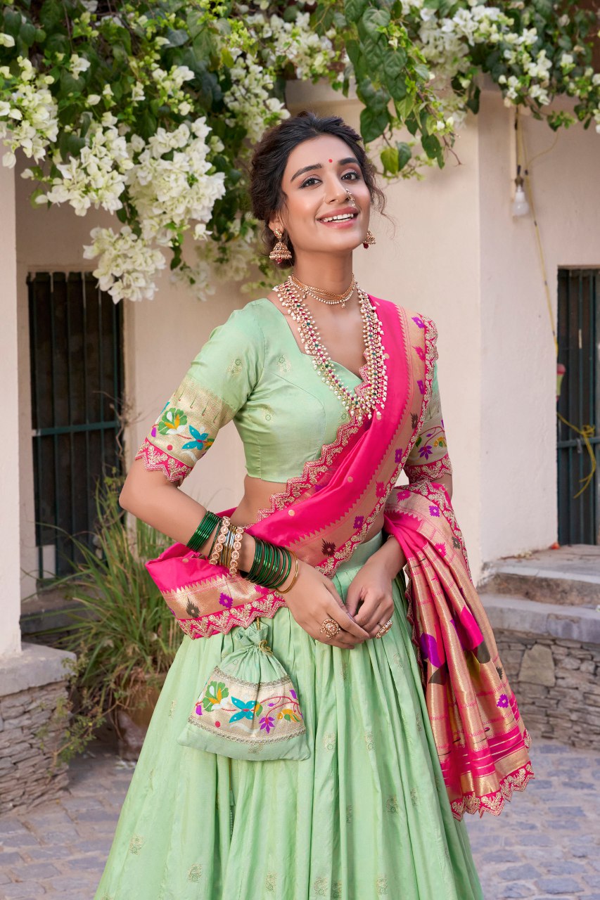 Pista green jacquard silk Paithani lehenga choli with dupatta and batwa